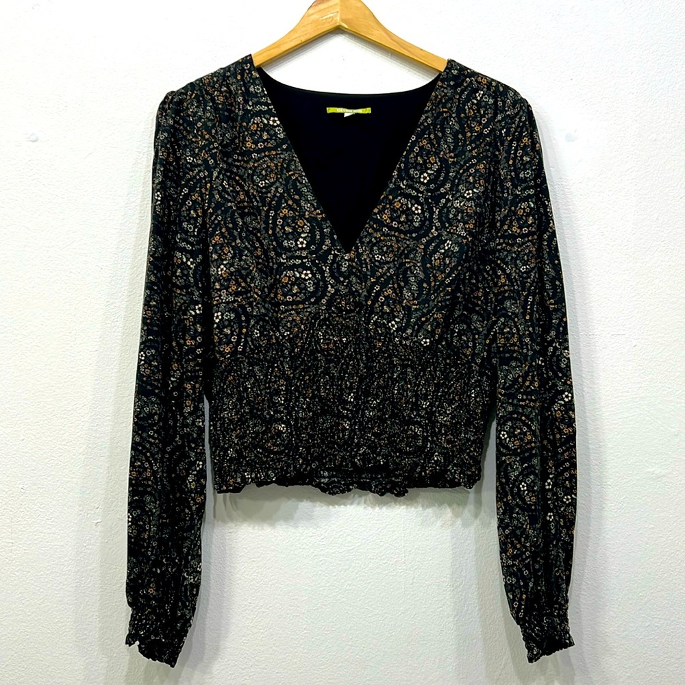 Gianni Bini Woven Abby Smocked Vneck Top Blouse Black Floral Women's Size Large